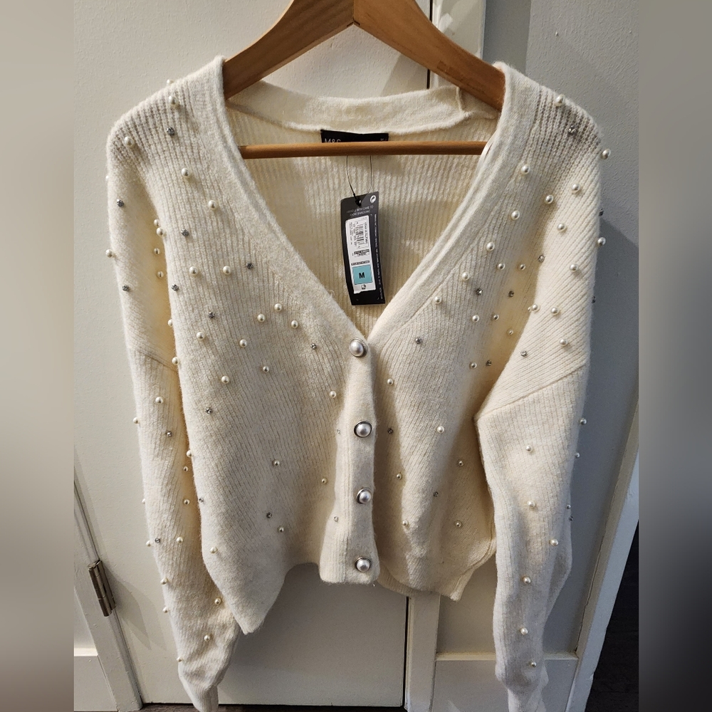M & S V-Neck Embellished Sweater, Cream, Size US M
